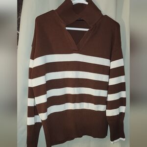 Elegant Brown and White Striped Turtleneck Sweater